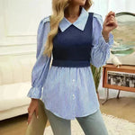 Women's Casual Contrast Color Stitching  Long Sleeve Collar Ladies Evening Top - EX-STOCK CANADA