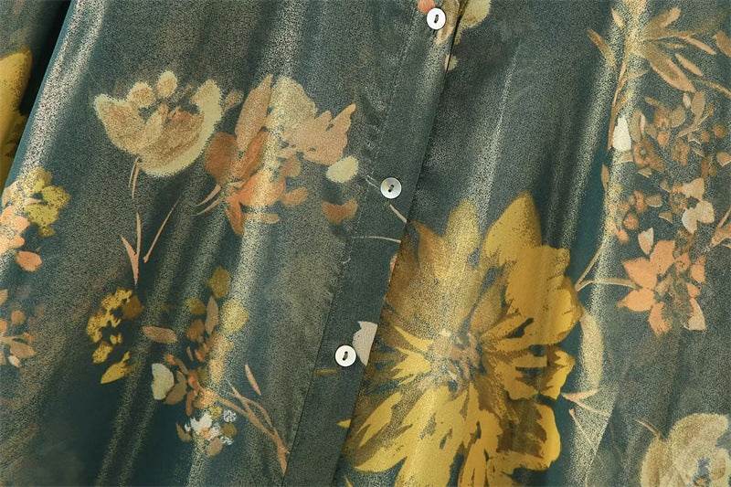 2pcs Floral Satin Skirt suit Long sleeve button shirt and Pleated Midi Skirt Outfit set - EX-STOCK Canada