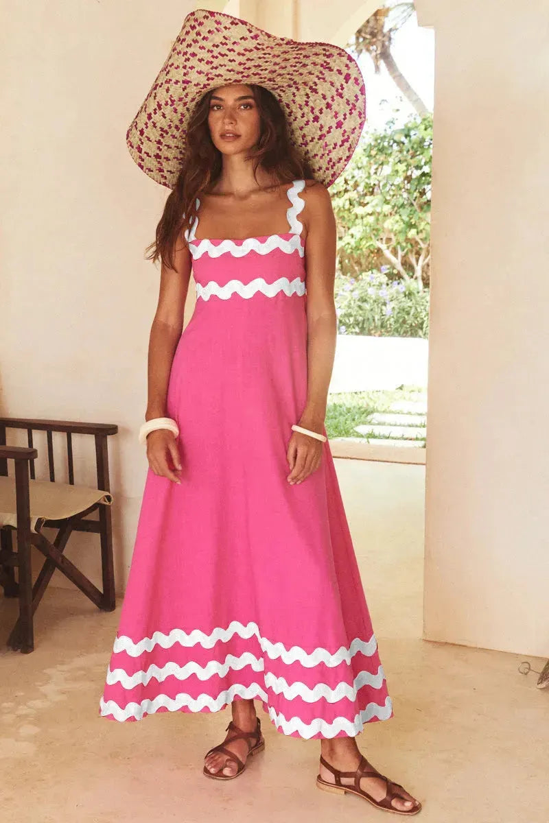 Flowers Print Wavy Pattern Suspender Long Dress For Women Fashion A-Line Beach Dresses Womens Clothing - EX-STOCK CANADA