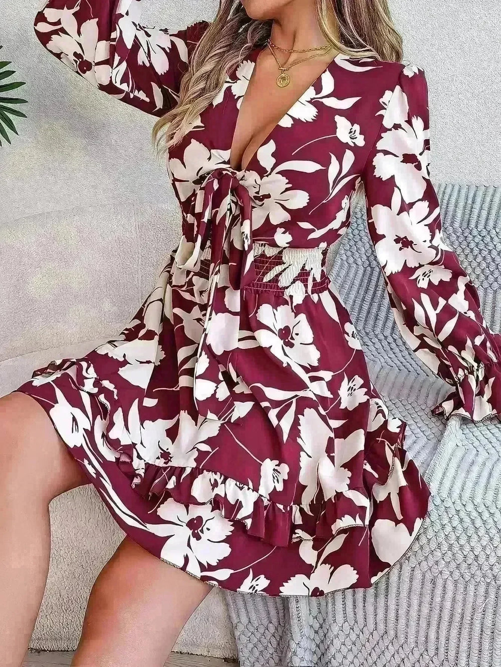 New Floral Printed V-Neck Long Sleeve Dress Fashion Ruffles Bowknot A-Line Short Mini  Skater Dress Women's Clothing - EX-STOCK CANADA