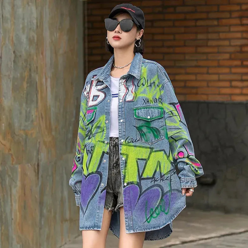 Oversized Graffiti Print Denim Jacket Women Loose Fried Street fashion - EX-STOCK CANADA