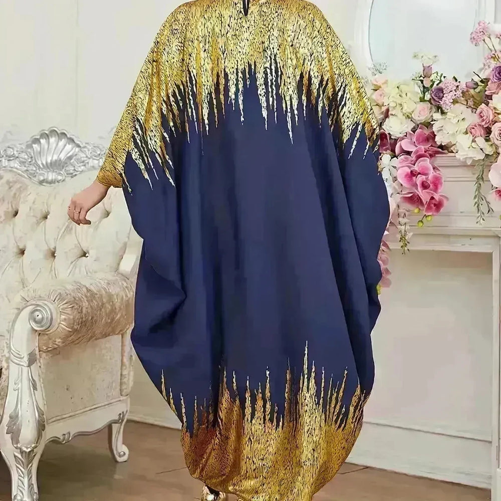 Fashion Embellish Fancy Abaya Middle East Print Color Contrast Patchwork Bat Sleeve Width Loose Summer Long Sleeve Dress - EX-STOCK CANADA