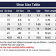 A shoe size conversion table titled 'Shoe Size Table' showing Tag Size, EU Size, UK Size, US, Size, and Feet Length (cm) for sizes 35 to 43, with a note advising shoppers to check the size chart carefully before ordering.
