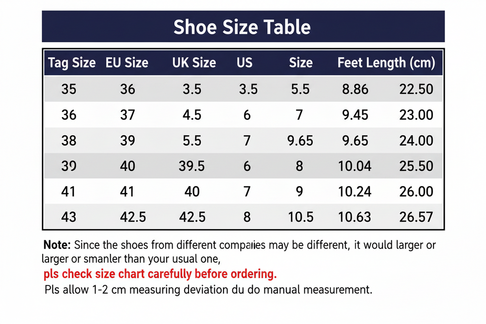 A shoe size conversion table titled 'Shoe Size Table' showing Tag Size, EU Size, UK Size, US, Size, and Feet Length (cm) for sizes 35 to 43, with a note advising shoppers to check the size chart carefully before ordering.