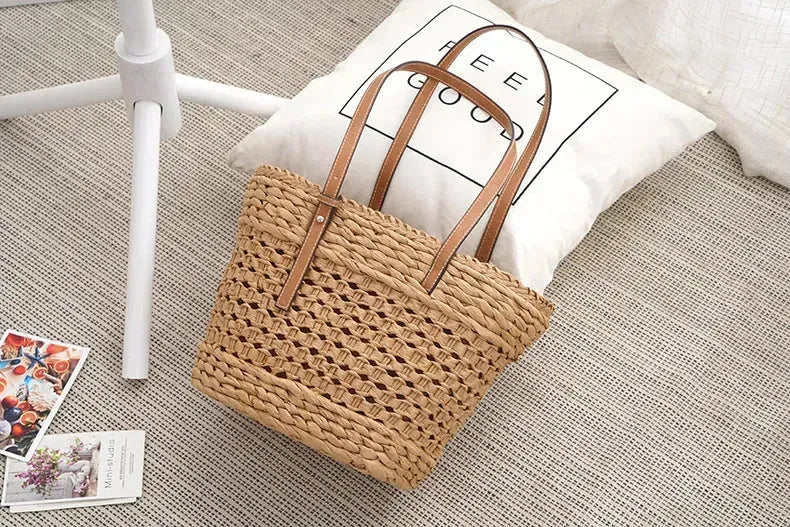Large Capacity Fashion Urban Simple White Khaki Straw Braided shopper Beach Bag - EX-STOCK CANADA