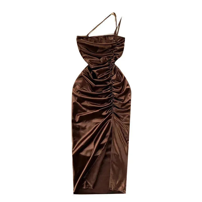 Elegant Women Sleeveless One shoulder Drawstring Satin Dress for Party, Wedding, Cocktail - EX-STOCK CANADA