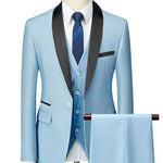 Light blue suit with black lapels and a blue tie on a mannequin against a white background.