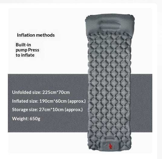 Gray inflatable camping sleeping pad shown on a white background with text detailing inflation methods and size measurements.