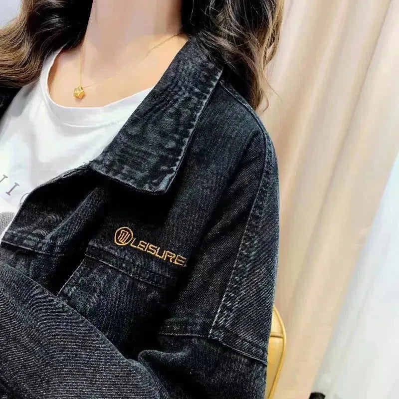 Loose Embroidered Lettered Black Denim Jacket Slimming Jacket Coat For Women - EX-STOCK CANADA