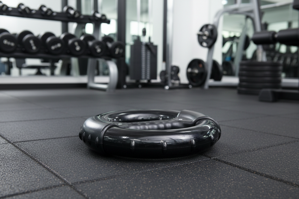 A black grip strengthener hand grip on a dark gray rubber gym floor, with blurred weight racks and dumbbells in the background.