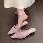 Women's French Style Satin Slide Sandals, Sparkling Rhinestone Embellished Pointed Toe Low Heel Slip-On Mules, 2025 Summer New Collection, High-end Outdoor Wear 
