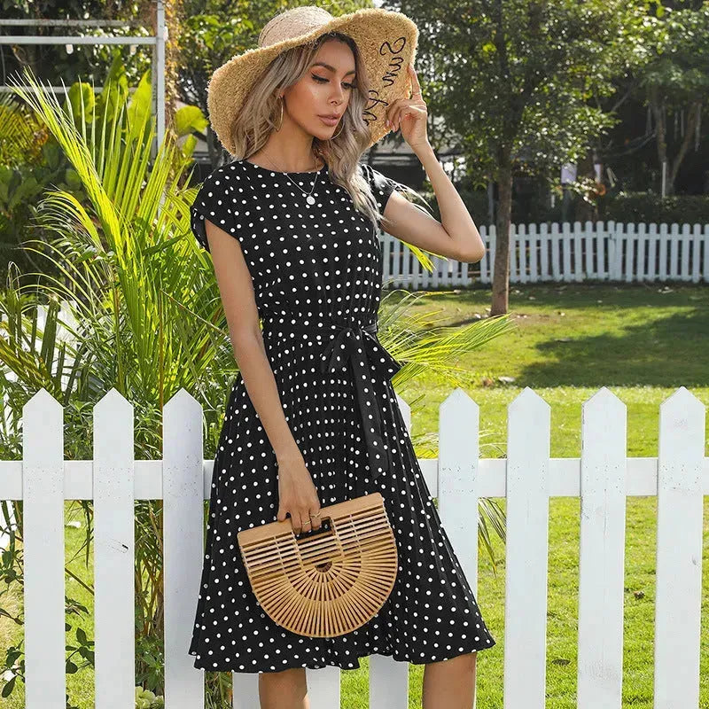 Summer Women Polka Dot Short Sleeve Dress Casual Pleated Midi Dresses Elegant Green Office Lady Clothing - EX-STOCK CANADA