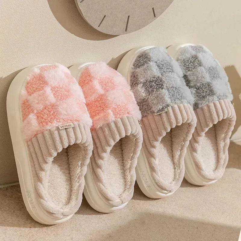Plaid Plush Slippers Women's Indoor Plush Home Slippers Soft Sole Thick Non-Slip Warm House Shoes Couple Autumn And Winter - EX-STOCK Canada
