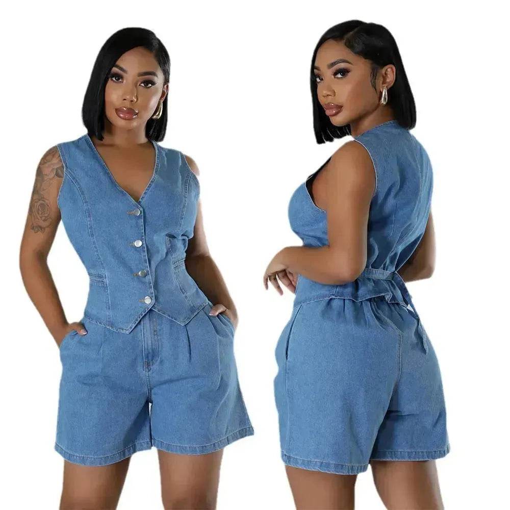 Fashion Casual Sleeveless High Waist Women's Denim Shorts Suit Denim 2 piece sets - EX-STOCK Canada