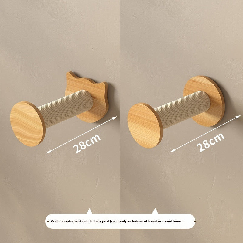 Two wall-mounted cat climbing posts shown side by side on a beige wall, each with a round wooden base, circular wooden end cap, and textured scratching surface. White dimension arrows label the post as 28cm, with a small note at the bottom about wall-mounted vertical climbing posts.