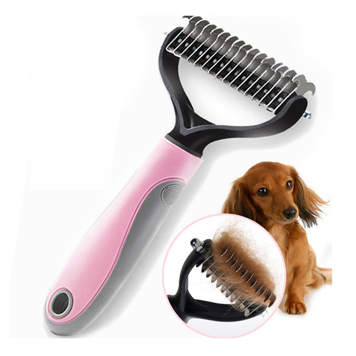 Pet grooming brush with pink handle and metal bristles, inset showing use on a dog.