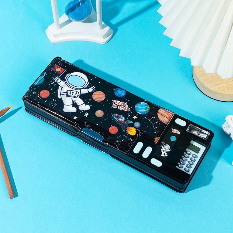 Pencil case with space theme featuring an astronaut and planets on a blue background