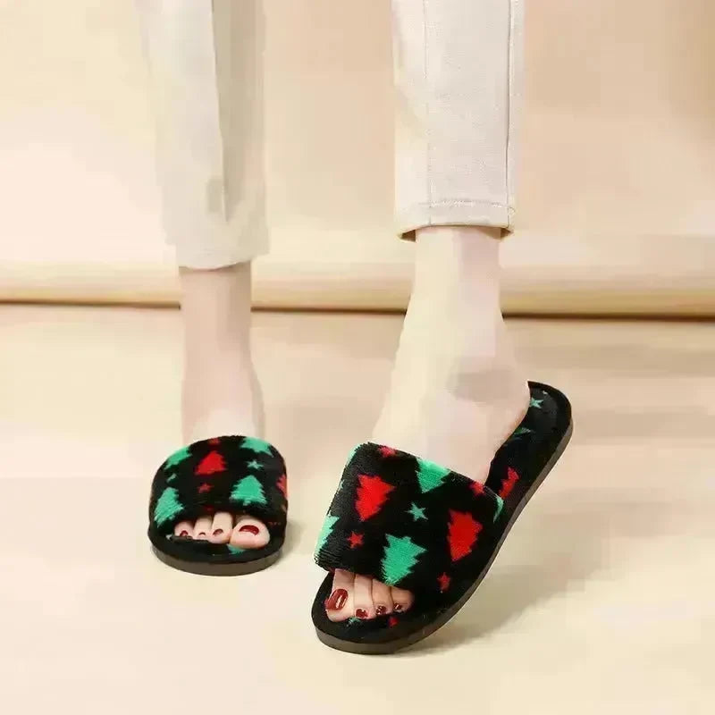 Christmas Tree Home Slippers Fashion Floor Bedroom Open-toe Plush Slippers For Women Fuzzy House Shoes - EX-STOCK CANADA