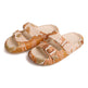 Pair of sandals with a floral pattern on a white background