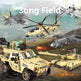 Military building block toy set featuring a tan armored vehicle with a minifigure, a helicopter, a tank, and fighter jets, shown in a dynamic battle scene with the text 'Song Field' overlaid at the top.