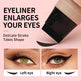 Eyeliner product with before and after effects on eyes on a pink background