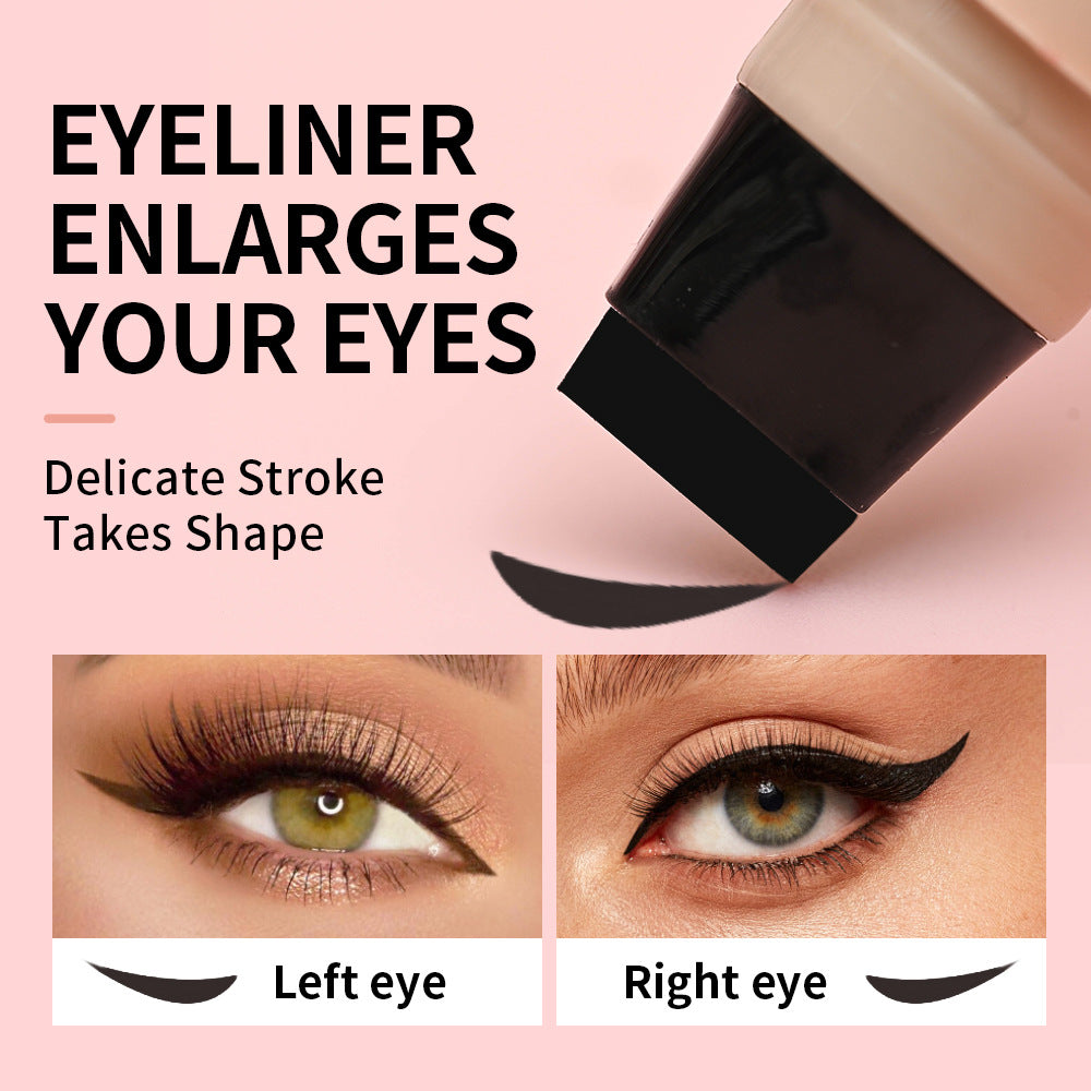 Eyeliner product with before and after effects on eyes on a pink background