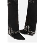 Black knee-high boots with studded details on a white background