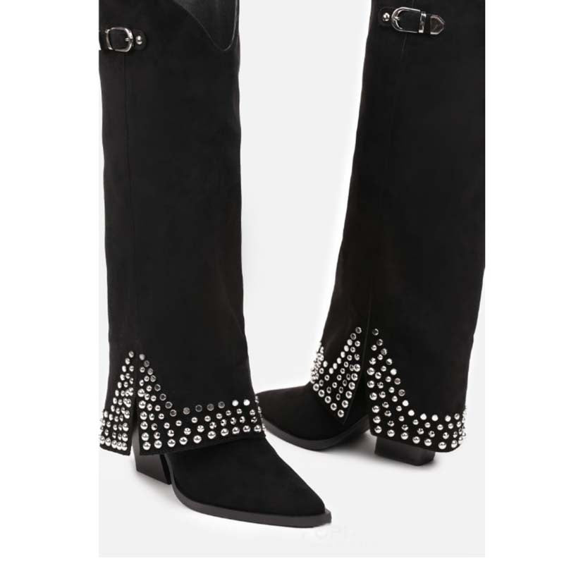 Black knee-high boots with studded details on a white background