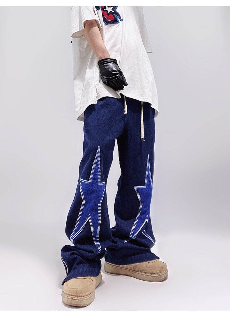 Five-pointed Star Embroidery Denim Horn Loose Straight Casual All-match Mop Jeans Baggy Trousers Men - EX-STOCK Canada