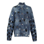 Lapel Star Patch Shredded Single Breasted Denim Jacket For Women - EX-STOCK Canada