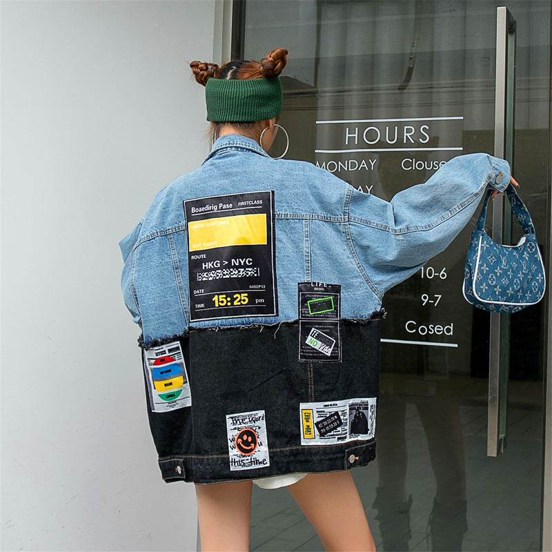Personality Stitching Graffiti Patch Denim Loose Jacket Women EX-STOCK Canada 