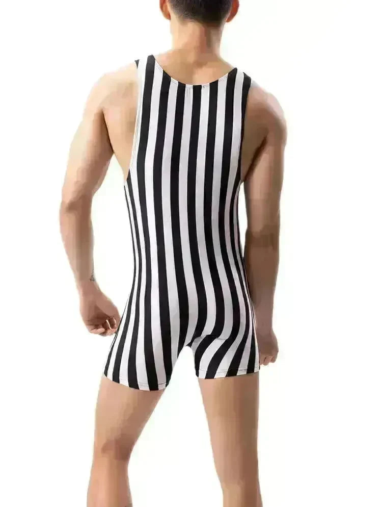 New Vertical Striped Pajamas Sports Swimming Brief Bodysuit for men - EX-STOCK CANADA