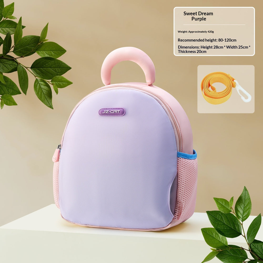 Purple pet carrier with pink handle on a beige background