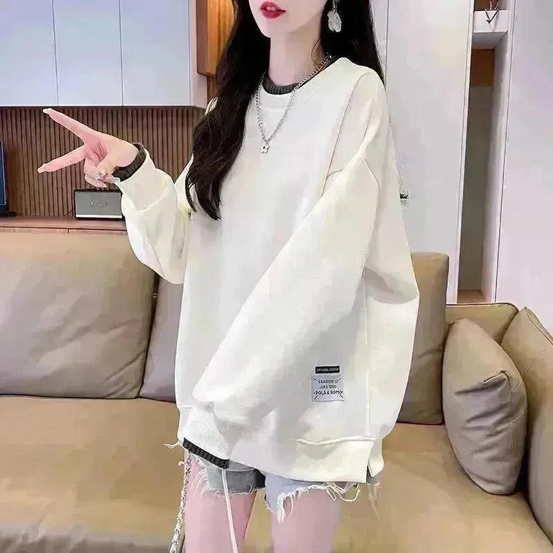 Women Round-neck With Fleece Lining Thick Fake Two Pieces Long Sleeve Loose Hoodie Sweatshirt - EX-STOCK CANADA