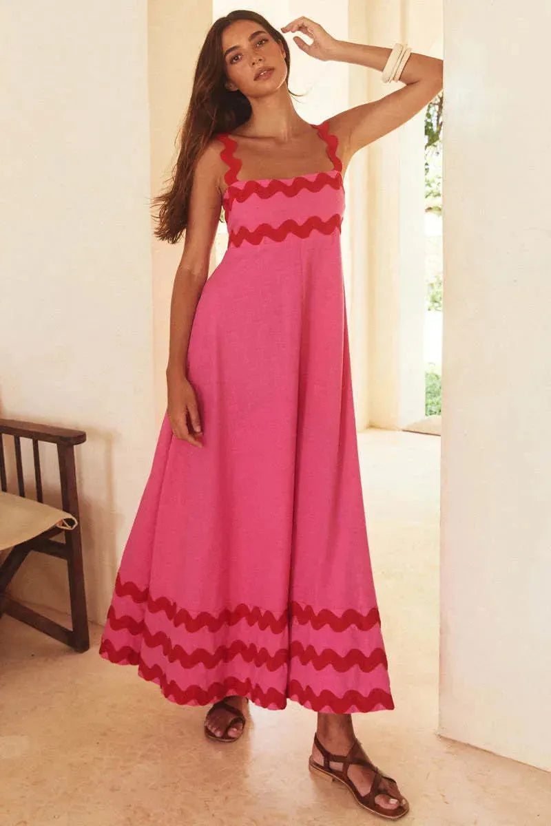 Flowers Print Wavy Pattern Suspender Long Dress For Women Fashion A-Line Beach Dresses Womens Clothing - EX-STOCK CANADA