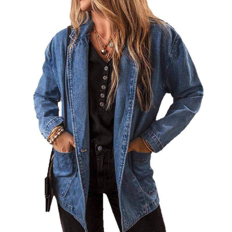 Spring And Autumn New Denim Jacket For Women, Slim Fit, Suit Collar, Solid Color Cardigan, One Button Top, Trendy EX-STOCK Canada 