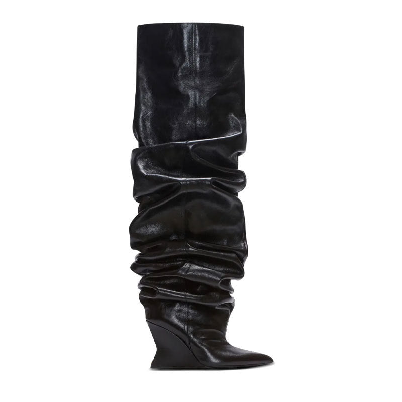 Women's Catwalk Pleated Over-the-Knee Boots – Pointed Toe Wedge High-Heel | Black, Wine Red, Beige