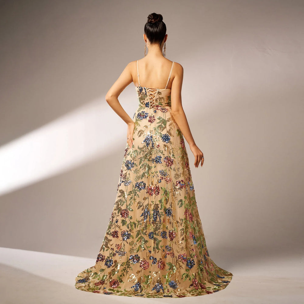 Elegant Sleeveless Sequined Suspender Maxi Evening Dress - EX-STOCK CANADA