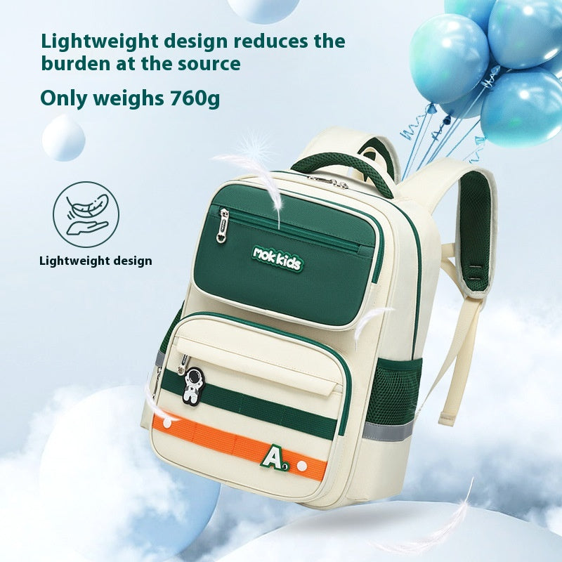 Backpack with green and orange accents on a light blue background with balloons.