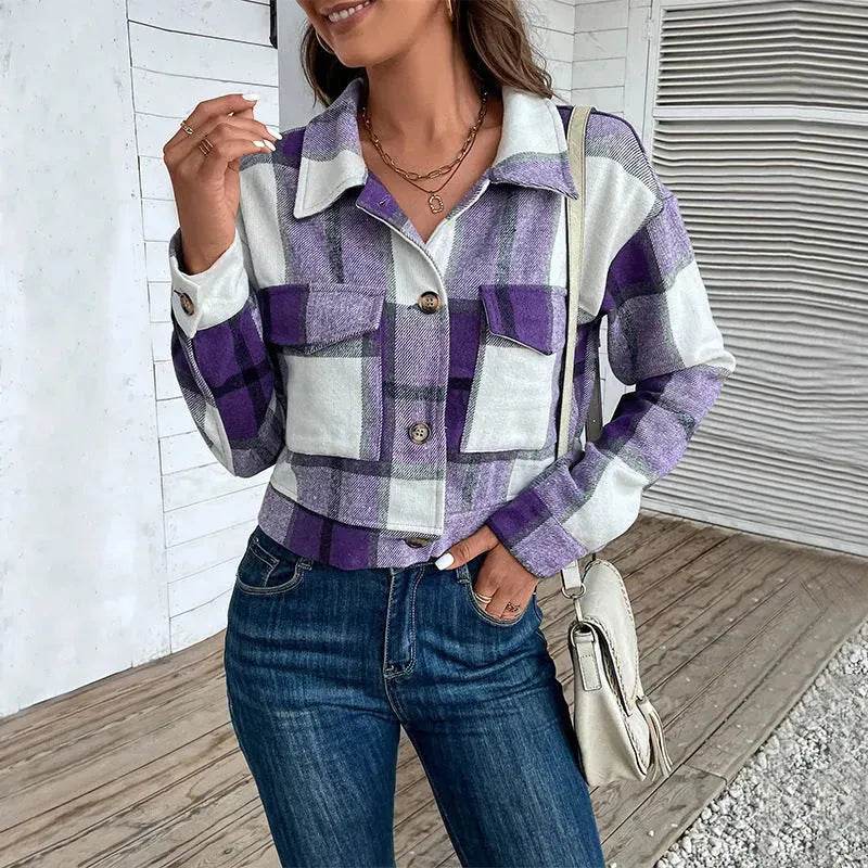 Fashion Oversized Plaid Lapel Cropped Jacket outwear top for women - EX-STOCK Canada