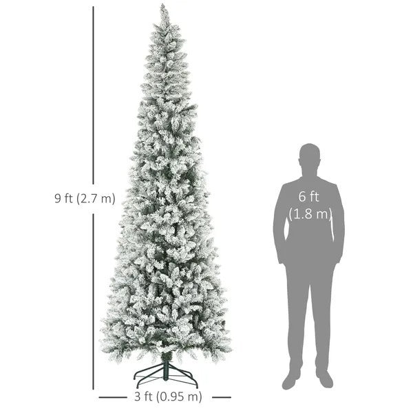 9ft Pencil Christmas Tree, Flocked Tree With 1277 Branch Tips And Metal Base For Home, Indoor, Holiday EX-STOCK Canada 