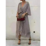 Batwing Sleeve V-neck Dress Summer Pure Color Tied Irregular Wrap Midi Dresses for Women - EX-STOCK CANADA