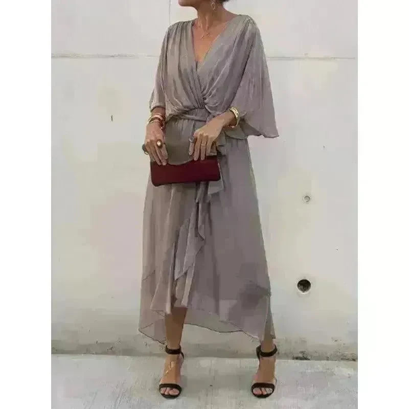 Batwing Sleeve V-neck Dress Summer Pure Color Tied Irregular Wrap Midi Dresses for Women - EX-STOCK CANADA