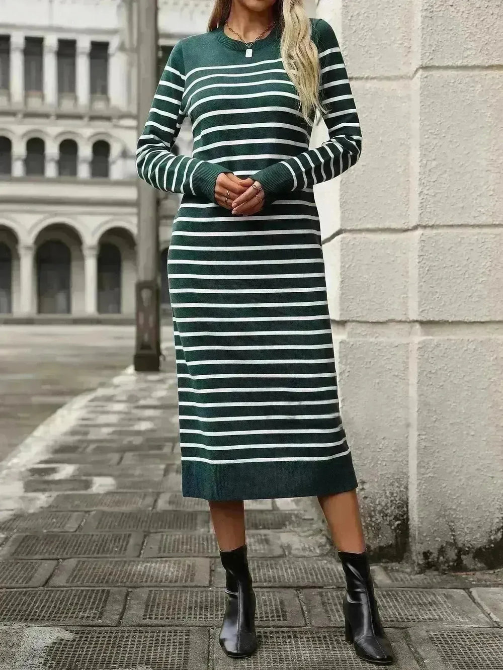 Slim Striped Printed Long Cashmere Dress  Autumn And Winter Long Sleeve Dresses For Women - EX-STOCK CANADA