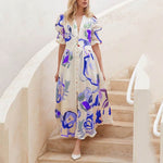 Summer Print Dresses V-neck Button Short Sleeve Midi Dress - EX-STOCK Canada