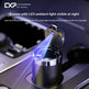 A car cigarette lighter shown in a cup holder with its lid open, emitting blue LED light. The image includes promotional text for 'CX3 Car Small Bubble Car Bubble' and highlights the automatic LED light feature.