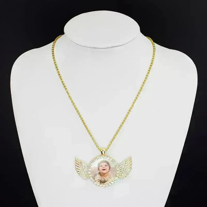 Angel Wings Medallions Custom Photo Pendant Necklace For Men Hip Hop Jewelry Iced Out Pendant Custom Engraved Name Memory Gift - EX-STOCK CANADA