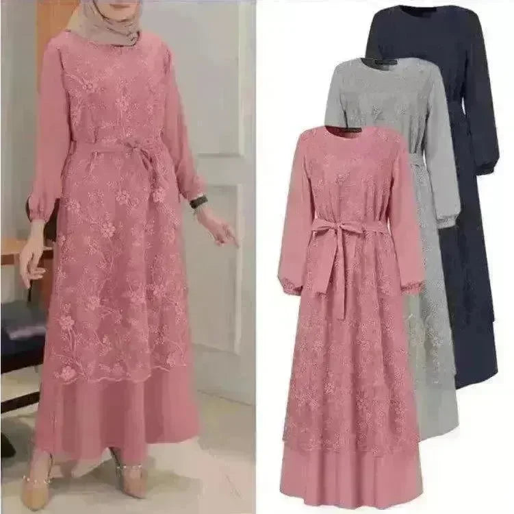Arab Round Neck Lace Floral Dress - EX-STOCK CANADA