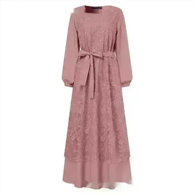 Arab Round Neck Lace Floral Dress - EX-STOCK CANADA
