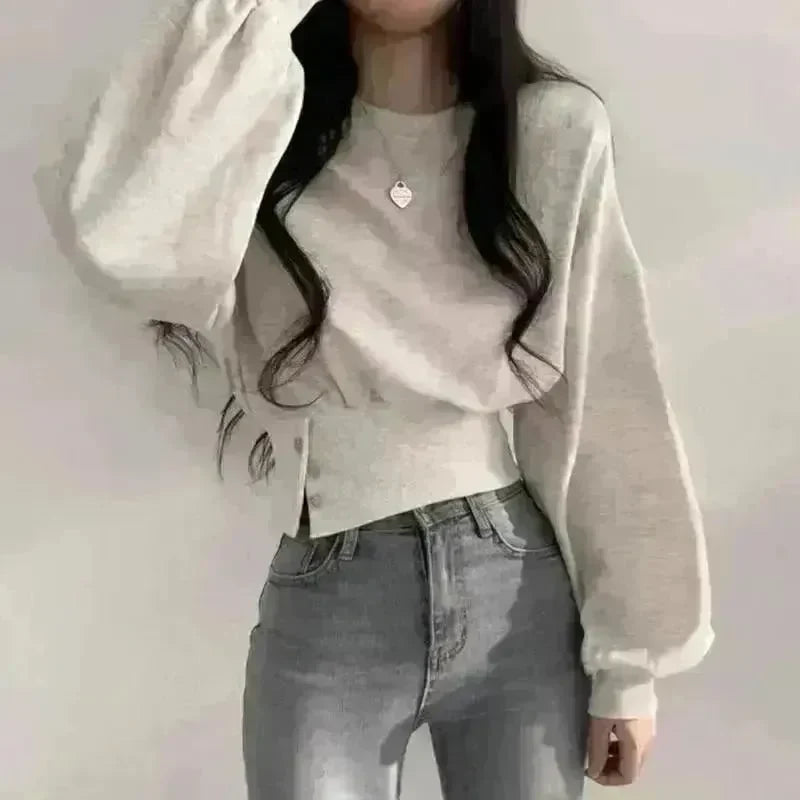 Autumn Crew Neck Button Long Sleeve Short Pullover Sweatshirt Top For Women - EX-STOCK CANADA